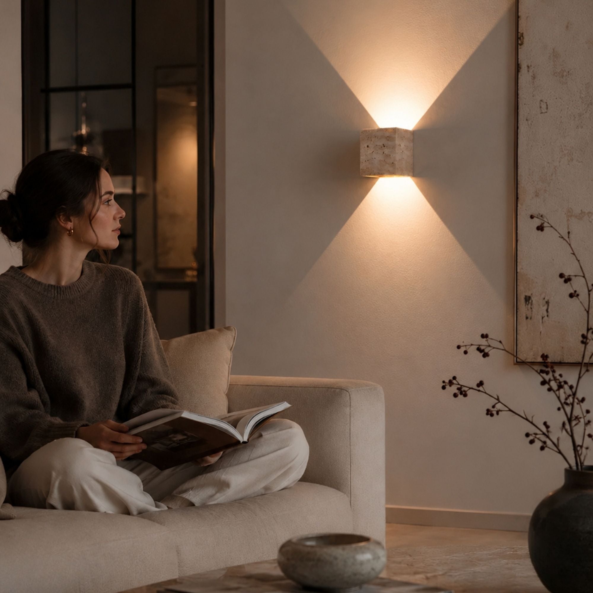 s.luce Travea LED Wandleuchte aus Travertin-Stein