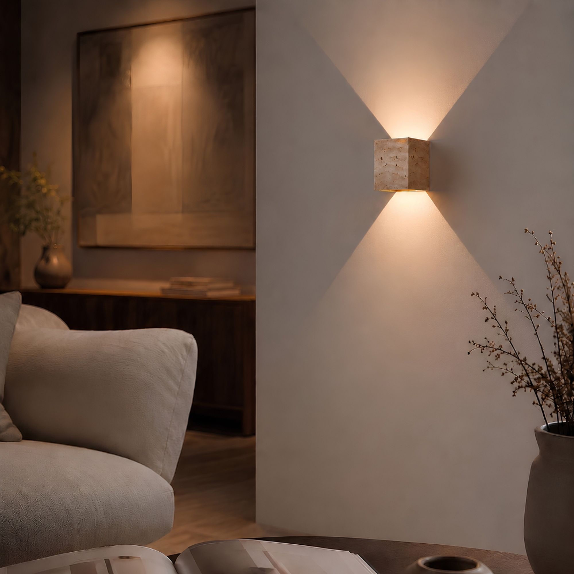 s.luce Travea LED Wandleuchte aus Travertin-Stein