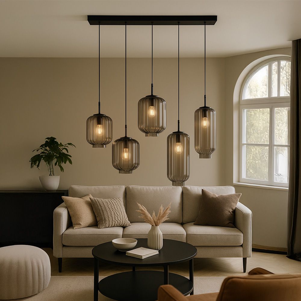s.luce Velo Esszimmerlampe 5-flammig 2-reihig 160cm Ø 18/20/25cm