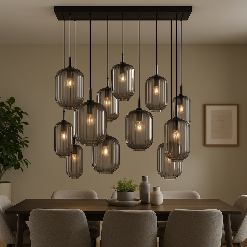 s.luce Velo lampada per sala da pranzo 12 luci 200cm 3 file Ø 18/20/25cm